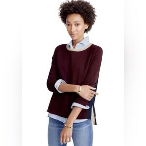 J. Crew Colorblock Crewneck Hi Low Sweater Side Snaps Maroon Tan Navy Size XS